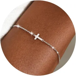 Moodear Dainty Cross Bracelet - 925 Sterling Silver/14k Gold Plated Diamond CZ Layered Bracelets for Women Trendy Religious