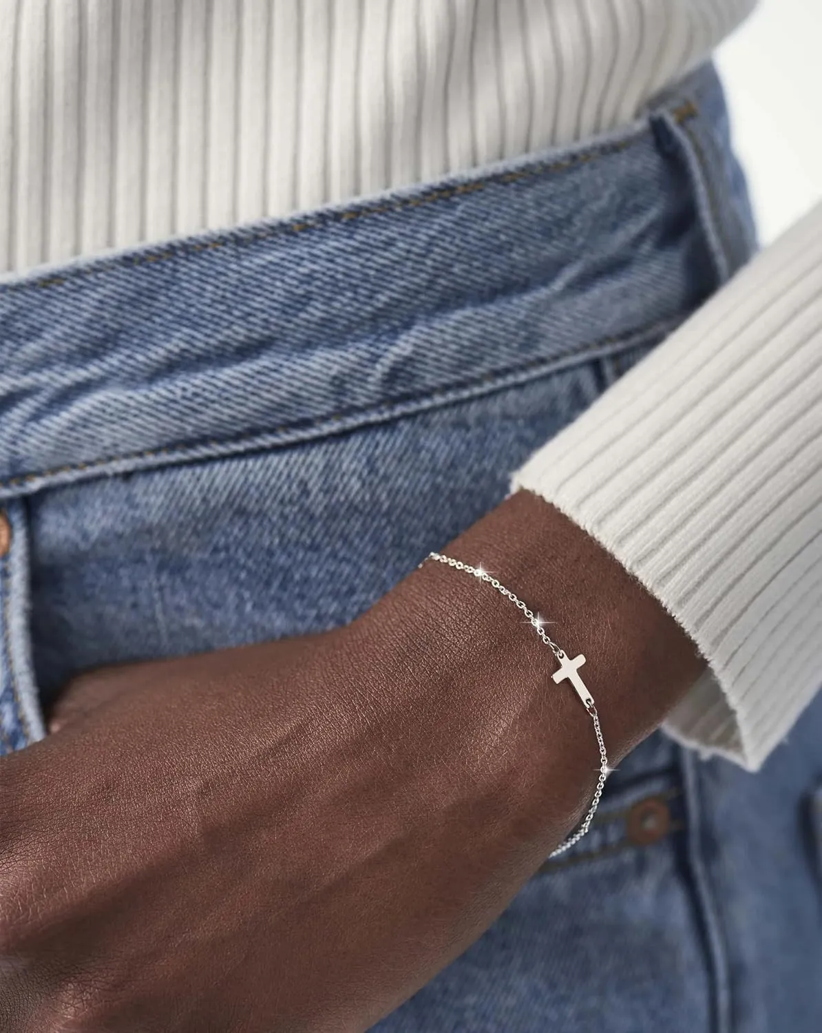 Moodear Dainty Cross Bracelet - 925 Sterling Silver/14k Gold Plated Diamond CZ Layered Bracelets for Women Trendy Religious