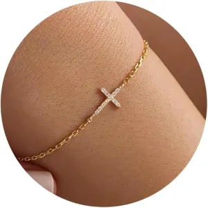 Moodear Dainty Cross Bracelet - 925 Sterling Silver/14k Gold Plated Diamond CZ Layered Bracelets for Women Trendy Religious