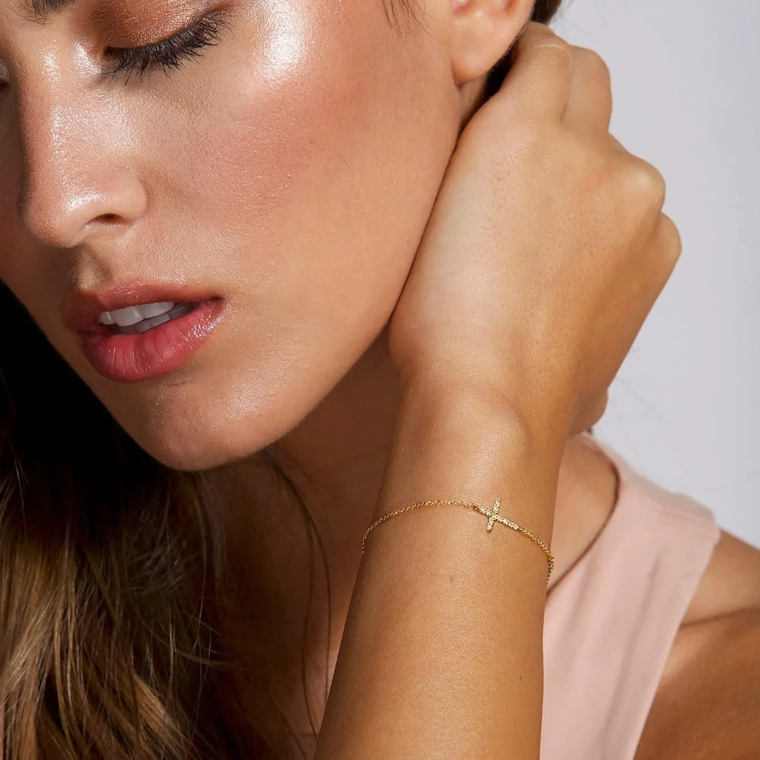 Moodear Dainty Cross Bracelet - 925 Sterling Silver/14k Gold Plated Diamond CZ Layered Bracelets for Women Trendy Religious