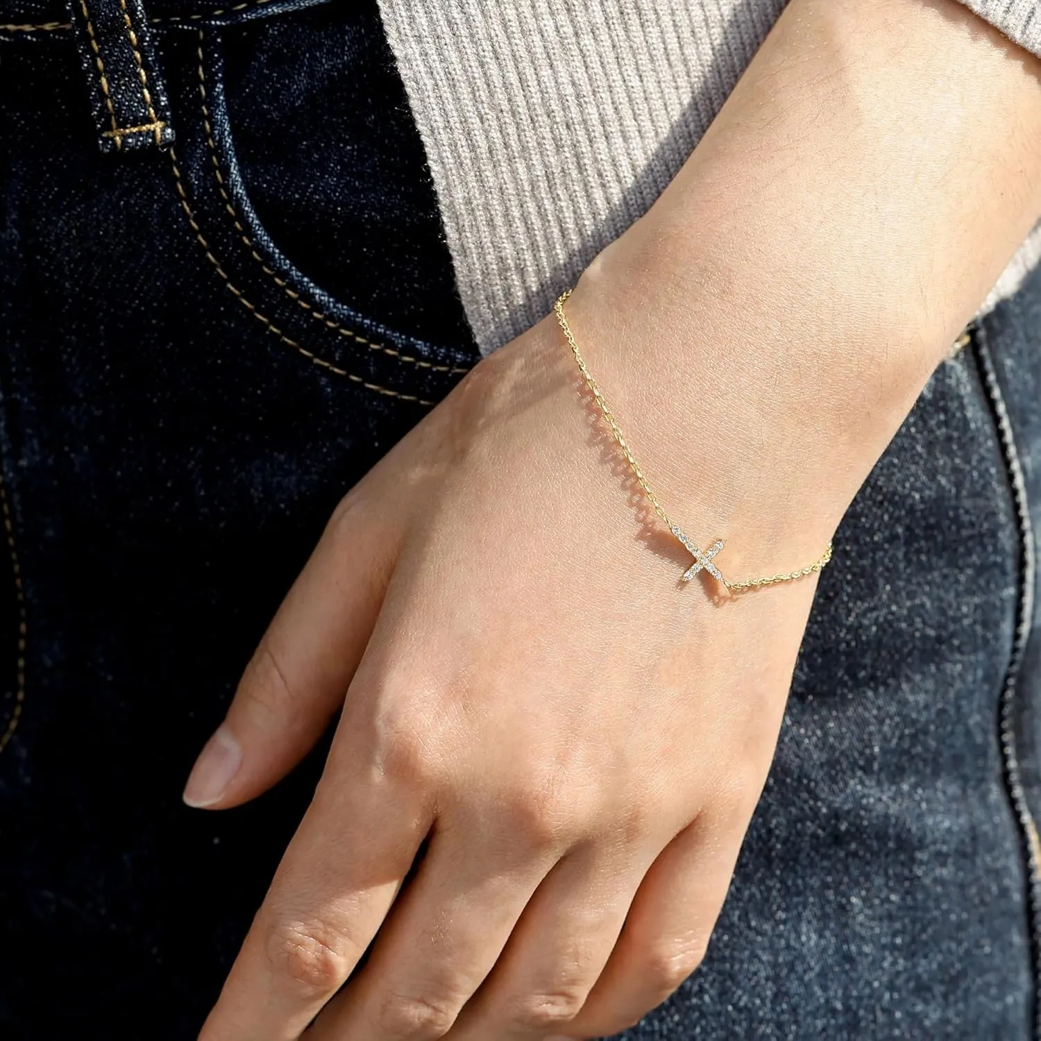 Moodear Dainty Cross Bracelet - 925 Sterling Silver/14k Gold Plated Diamond CZ Layered Bracelets for Women Trendy Religious