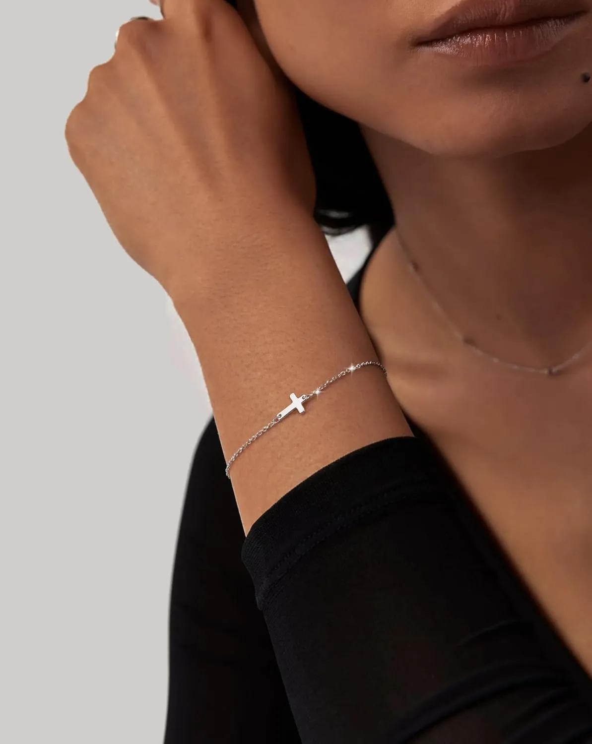 Moodear Dainty Cross Bracelet - 925 Sterling Silver/14k Gold Plated Diamond CZ Layered Bracelets for Women Trendy Religious
