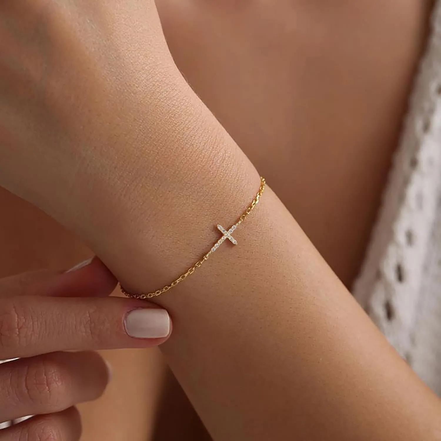 Moodear Dainty Cross Bracelet - 925 Sterling Silver/14k Gold Plated Diamond CZ Layered Bracelets for Women Trendy Religious