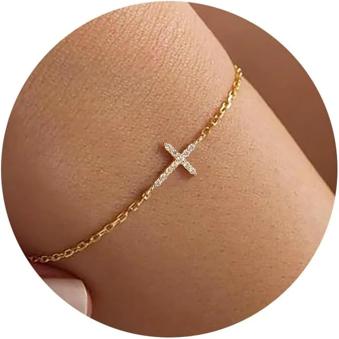 Moodear Dainty Cross Bracelet - 925 Sterling Silver/14k Gold Plated Diamond CZ Layered Bracelets for Women Trendy Religious