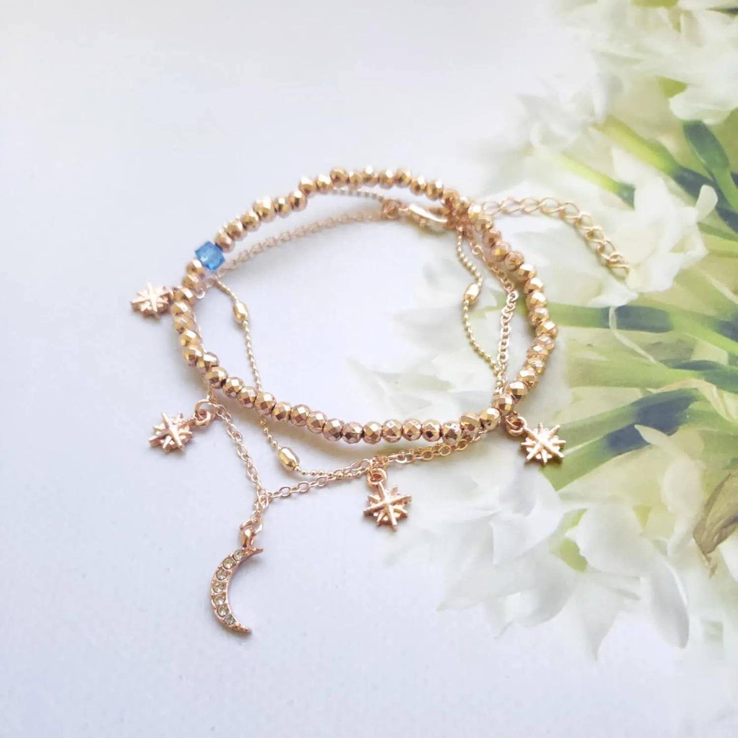 Moon Crescent Anklet Bracelet Turquoise Multilayer Hands Tassels Foot Chain Jewelry for Women
