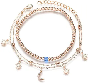 Moon Crescent Anklet Bracelet Turquoise Multilayer Hands Tassels Foot Chain Jewelry for Women