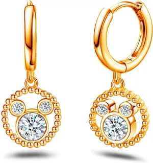 Mouse Earrings for Women Rose Gold Plated Sterling Silver CZ Round Mouse Dangle Hoop Earrings Sparkling Cute Huggie Animal Earrings Lucky Cute Princess Jewelry Gifts for Women Daughter Birthday Party