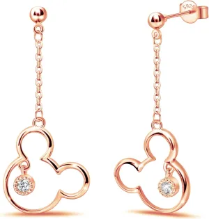 Mouse Stud Earrings for Women Rose Gold Plated Sterling Silver Mouse Dangle Stud Earrings Sparkling CZ Lucky Cute Minnie Chain Earrings Animal Fashion Princess Jewelry Gifts for Daughter Birthday