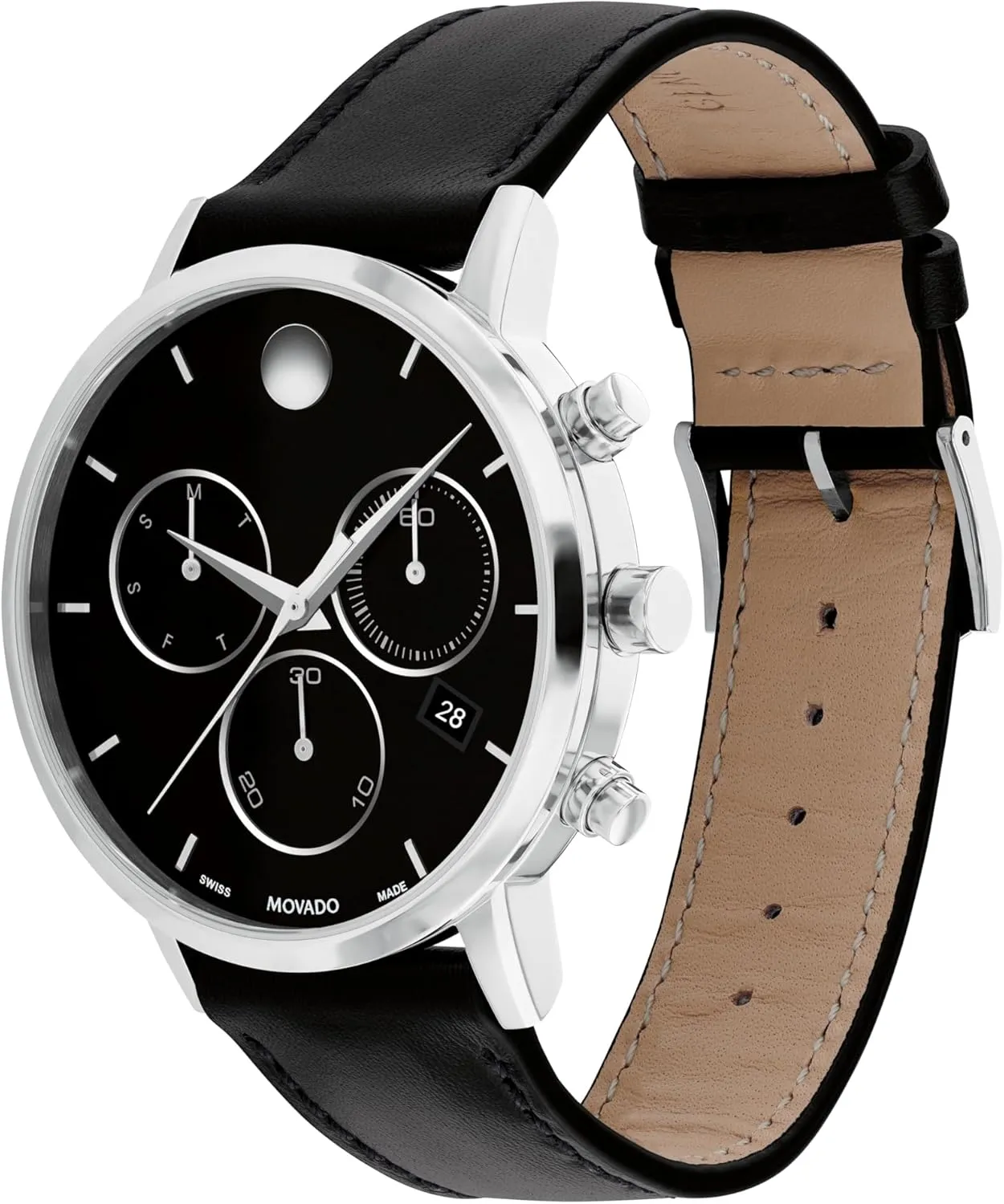 Movado Museum Classic Men's Swiss Chronograph Watch with Quartz Movement, Calfskin Strap, Water Resistance 3ATM/30 Meters - Classic Luxury Timepiece - Gift for Him - 42mm