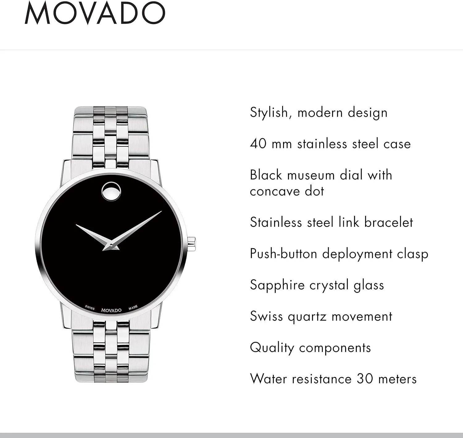 Movado Museum Classic Men's Swiss Quartz Watch - Stainless Steel, Link Bracelet - Water Resistance 3ATM/30 Meters - Classic Luxury Timepiece - Gift for Him - 40mm
