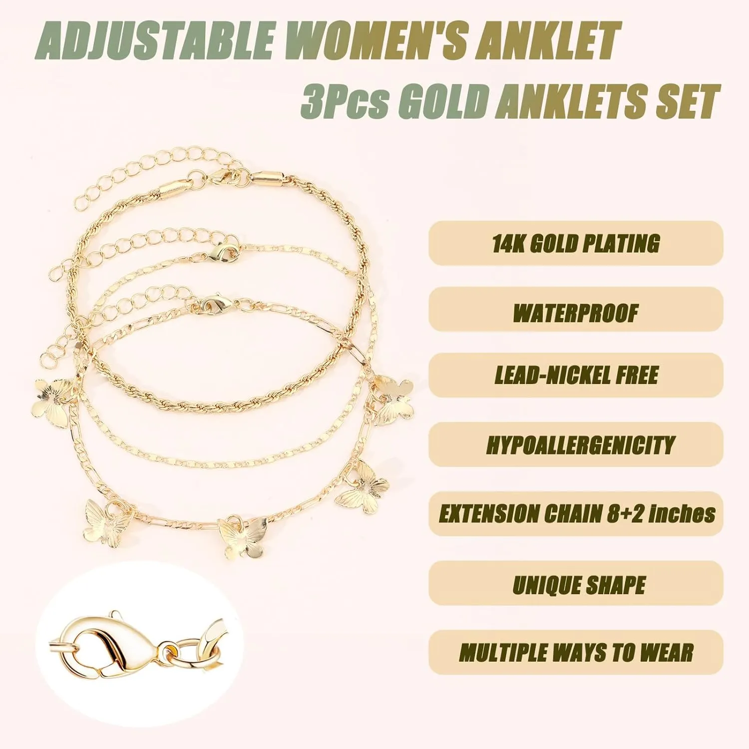 MOZAKA Gold Ankle Bracelets for Women, 14k Gold Plated Waterproof Cuban Link Chain Anklets Set, Layered Anklet Bracelets for Women Adjustable Size Beach Gift