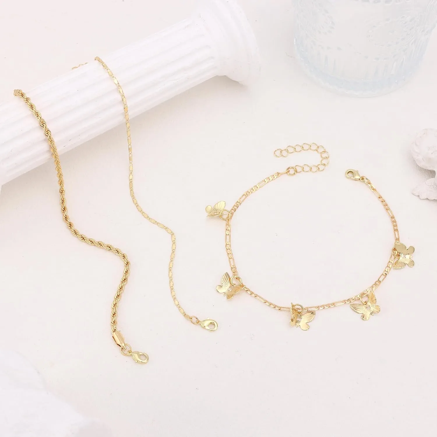 MOZAKA Gold Ankle Bracelets for Women, 14k Gold Plated Waterproof Cuban Link Chain Anklets Set, Layered Anklet Bracelets for Women Adjustable Size Beach Gift