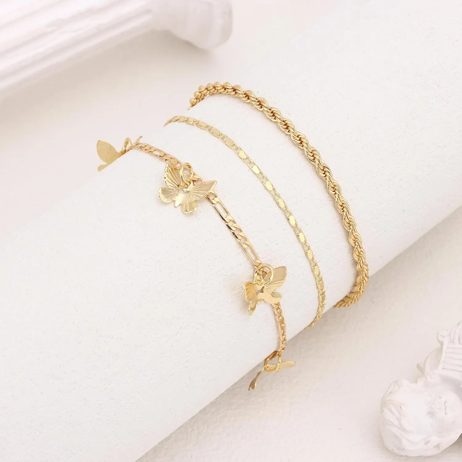 MOZAKA Gold Ankle Bracelets for Women, 14k Gold Plated Waterproof Cuban Link Chain Anklets Set, Layered Anklet Bracelets for Women Adjustable Size Beach Gift
