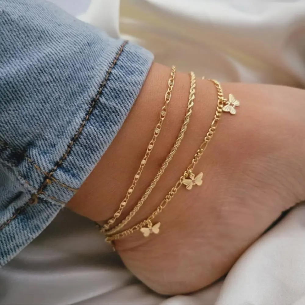 MOZAKA Gold Ankle Bracelets for Women, 14k Gold Plated Waterproof Cuban Link Chain Anklets Set, Layered Anklet Bracelets for Women Adjustable Size Beach Gift