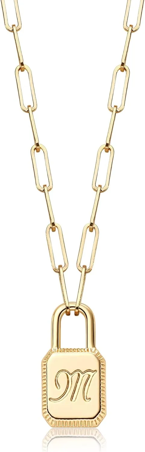 MTMY Lock Necklace, 14K Gold Plated Adjustable Paperclip Chain Dainty Lock Pendant Necklace Personalized Engraved Letter Jewelry for Women