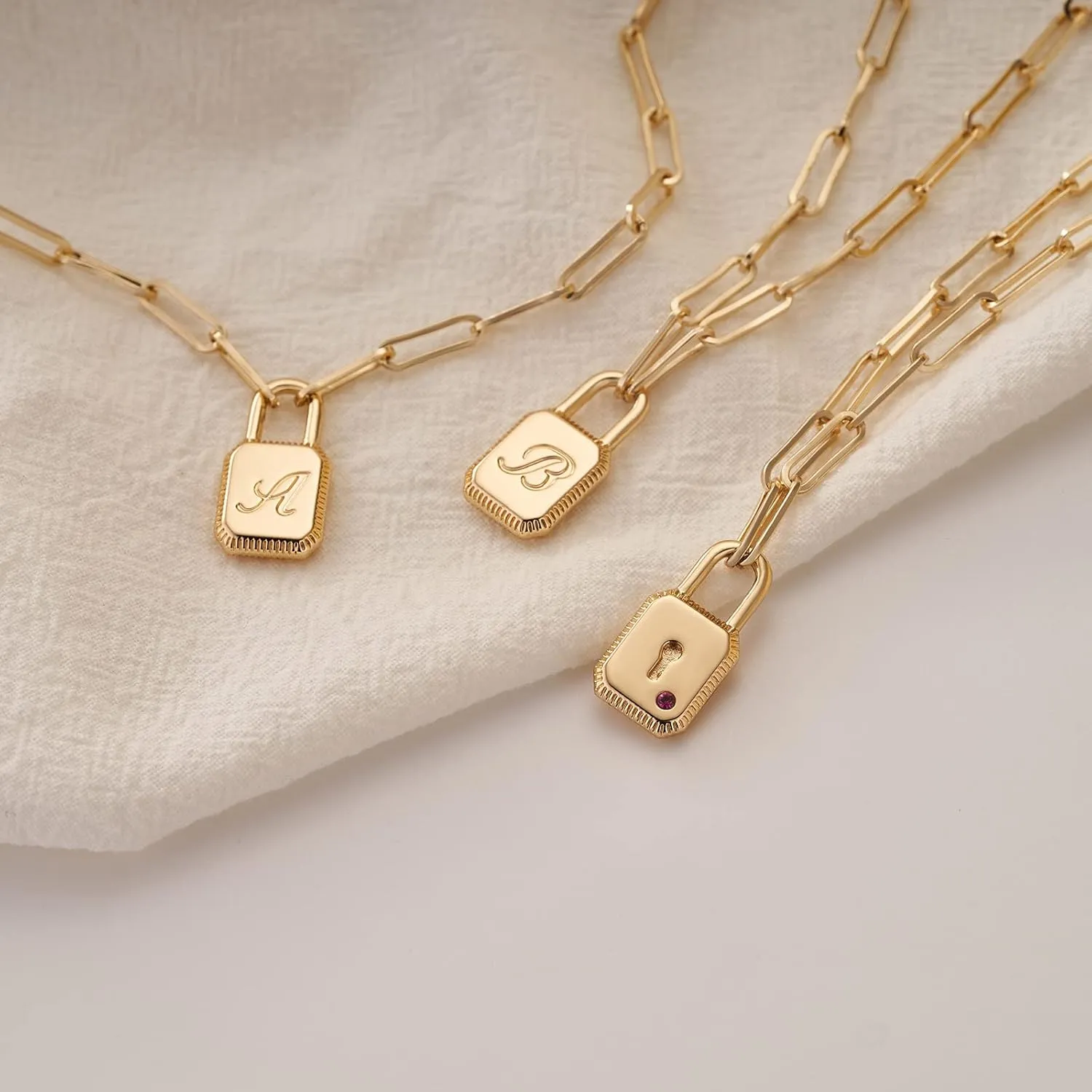 MTMY Lock Necklace, 14K Gold Plated Adjustable Paperclip Chain Dainty Lock Pendant Necklace Personalized Engraved Letter Jewelry for Women