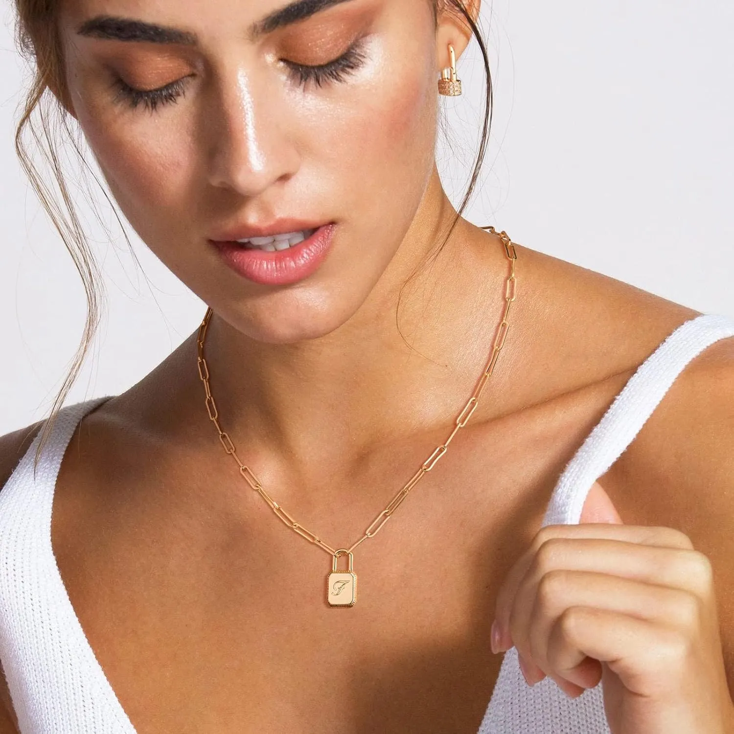 MTMY Lock Necklace, 14K Gold Plated Adjustable Paperclip Chain Dainty Lock Pendant Necklace Personalized Engraved Letter Jewelry for Women