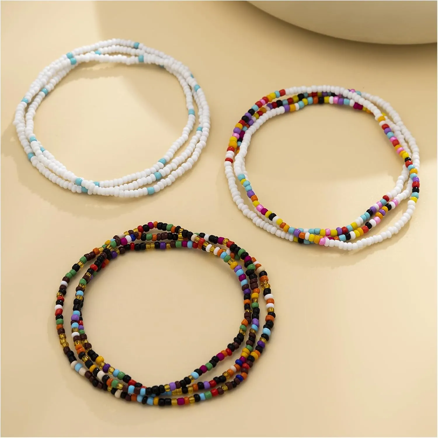 Multi-Layered Coloful Beads Waist Chain Sets Summer Beach Elastic Beaded Belly Body Chain Jewelry Bikini Sexy Bead Body Accessories Simple Beads Anklet Bracelets for Women