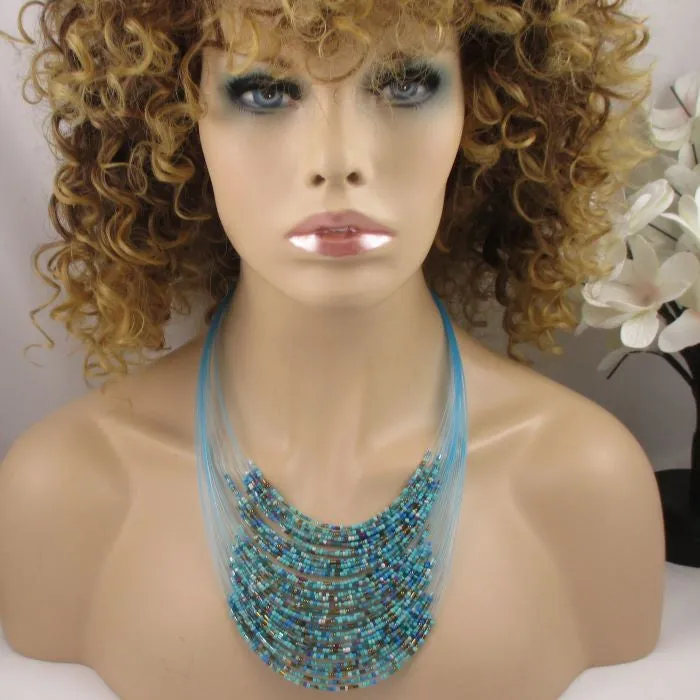 Multi-strand  Aqua Seed Bead Necklace & Earrings