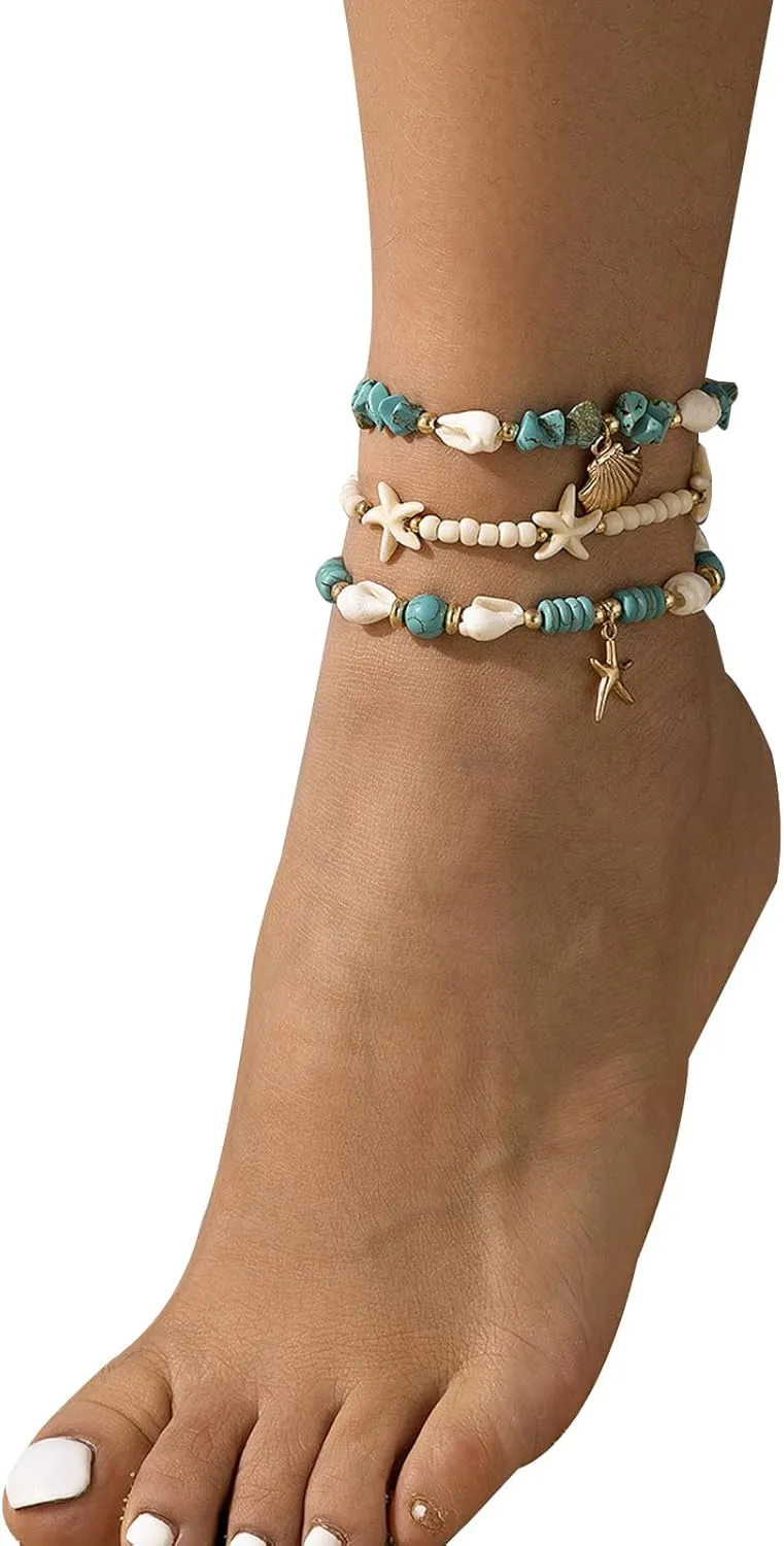 Multilayer Starfish Leg Anklets for Women,Elastic Beaded Anklet Chain,Boho Starfish Conch Shell Beads Anklet Barefoot Jewelry,Summer Beach Body Accessories Jewelry