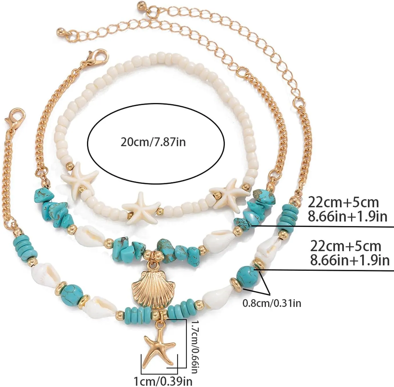 Multilayer Starfish Leg Anklets for Women,Elastic Beaded Anklet Chain,Boho Starfish Conch Shell Beads Anklet Barefoot Jewelry,Summer Beach Body Accessories Jewelry