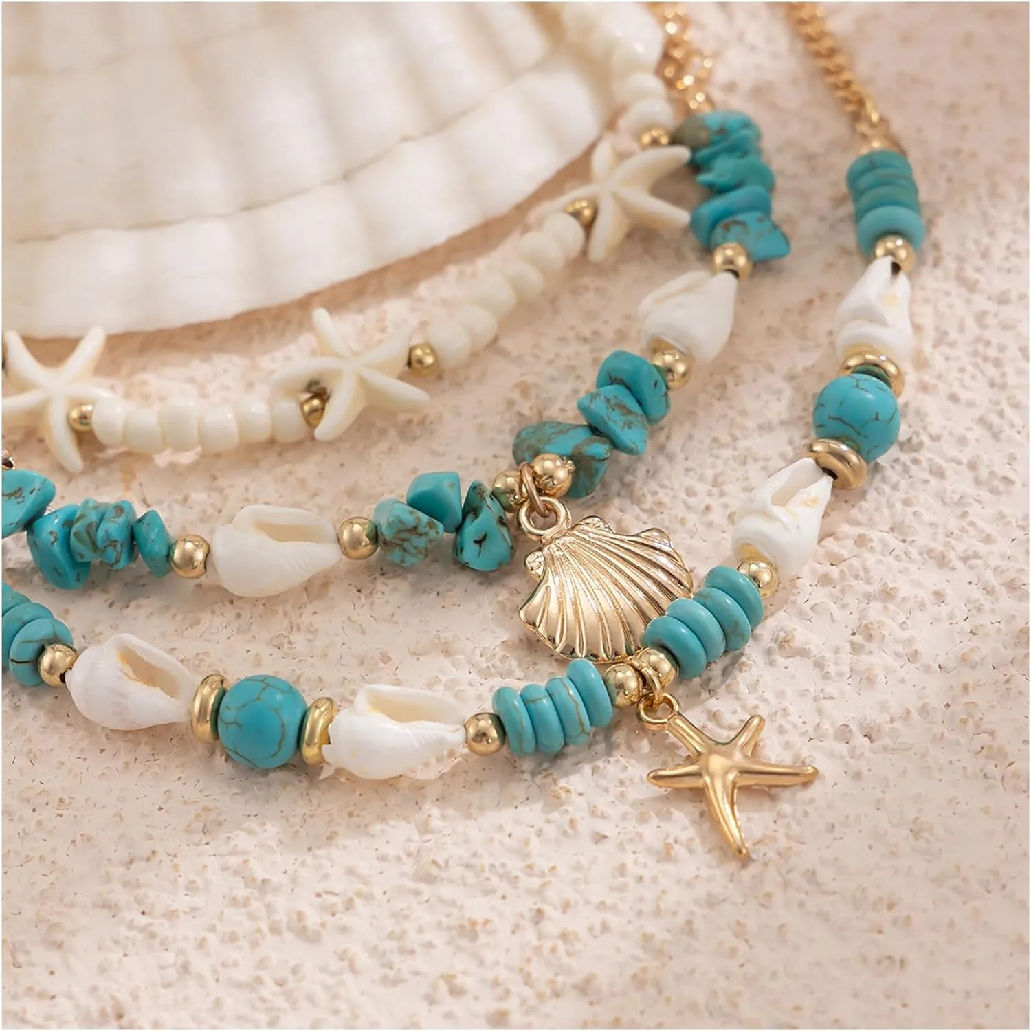 Multilayer Starfish Leg Anklets for Women,Elastic Beaded Anklet Chain,Boho Starfish Conch Shell Beads Anklet Barefoot Jewelry,Summer Beach Body Accessories Jewelry
