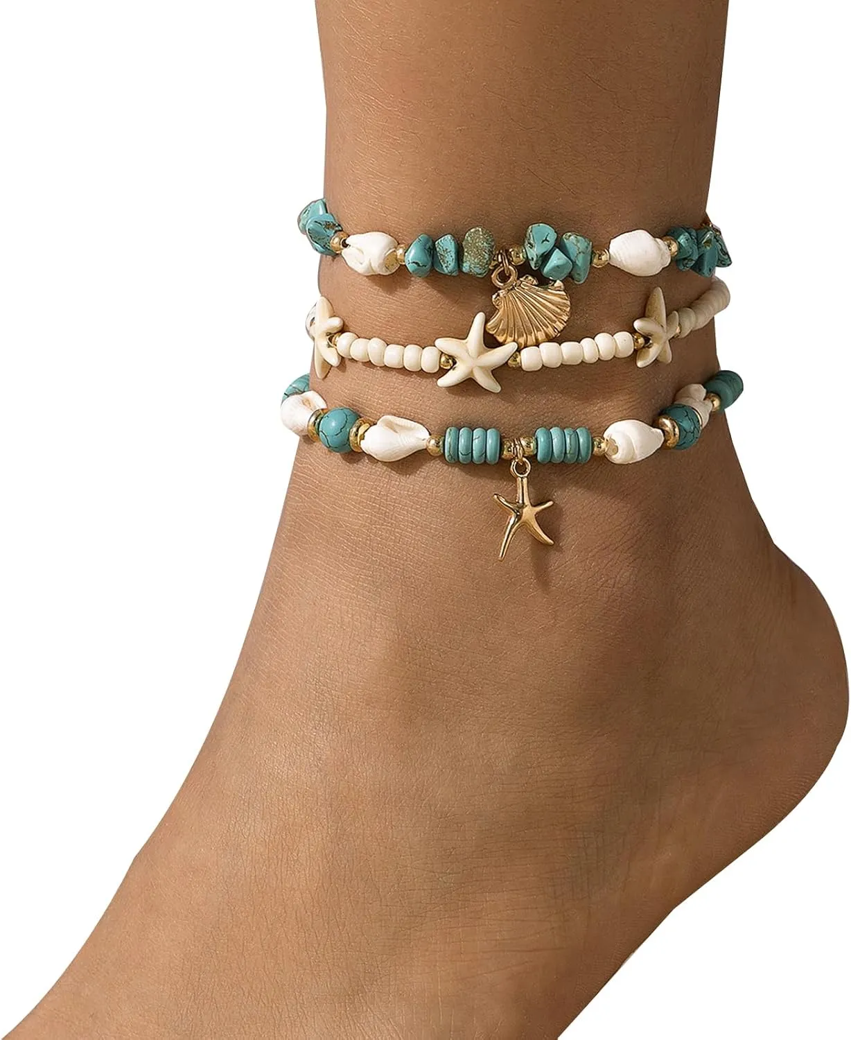 Multilayer Starfish Leg Anklets for Women,Elastic Beaded Anklet Chain,Boho Starfish Conch Shell Beads Anklet Barefoot Jewelry,Summer Beach Body Accessories Jewelry