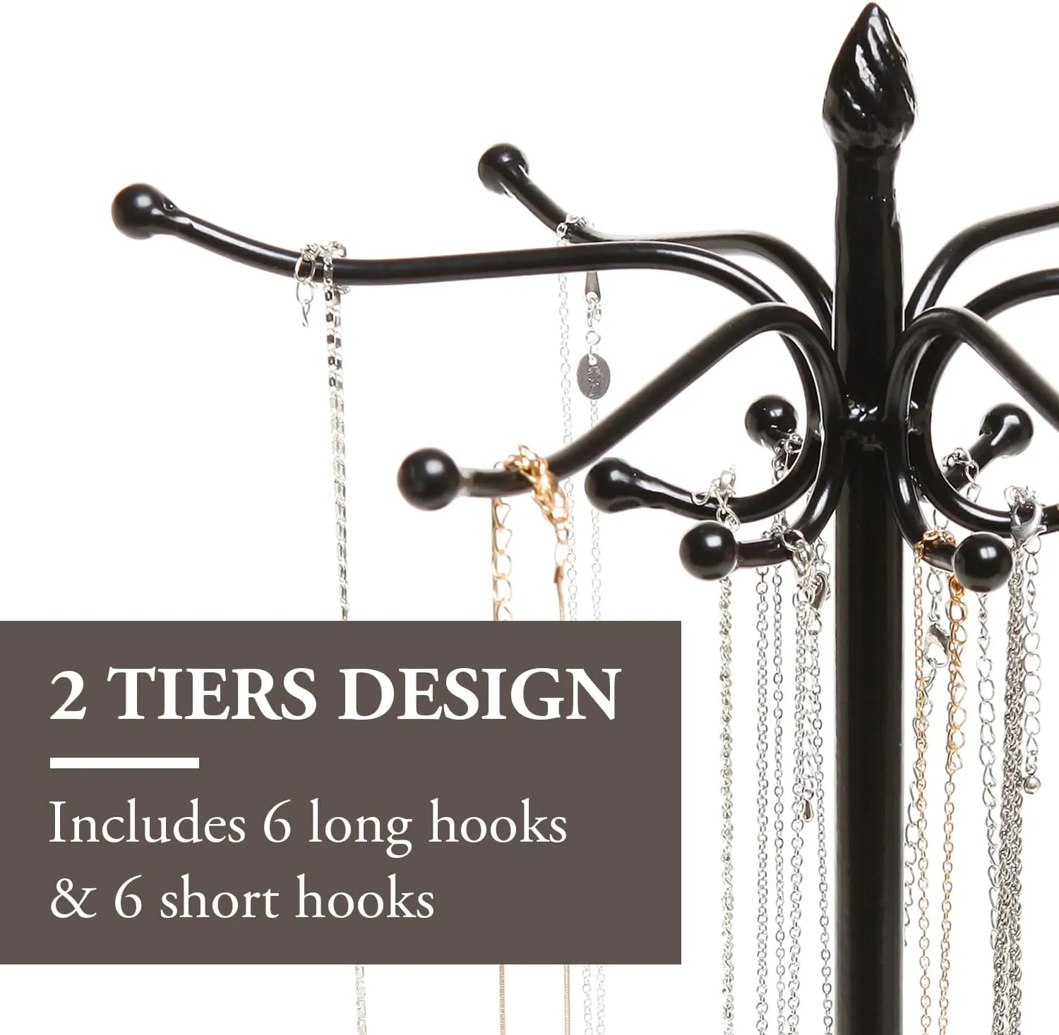 MyGift Freestanding Metal Rotating Jewelry Stand Organizer Display Tree with 24 Hooks for Bracelets, Necklaces, Hoop Earrings (black-1)