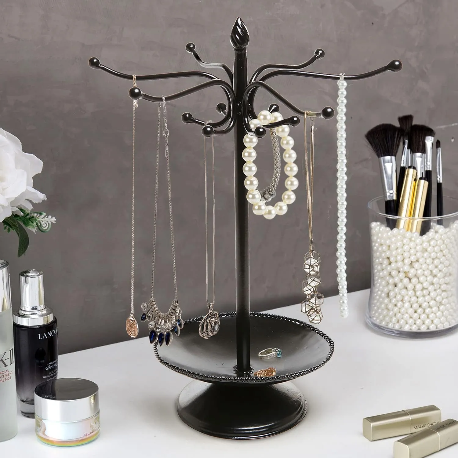 MyGift Freestanding Metal Rotating Jewelry Stand Organizer Display Tree with 24 Hooks for Bracelets, Necklaces, Hoop Earrings (black-1)