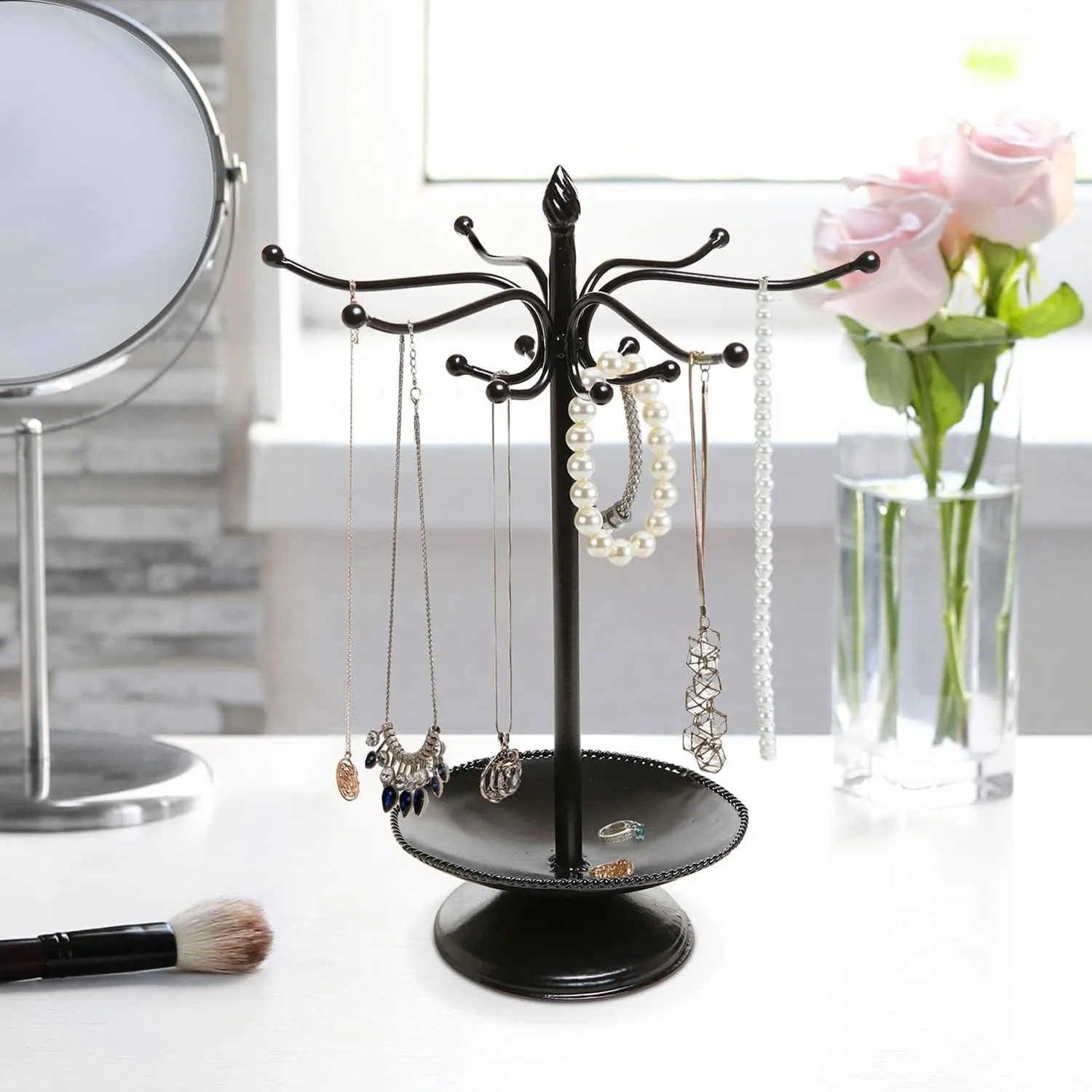 MyGift Freestanding Metal Rotating Jewelry Stand Organizer Display Tree with 24 Hooks for Bracelets, Necklaces, Hoop Earrings (black-1)