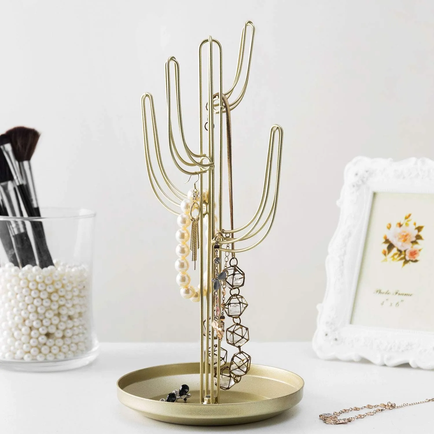 MyGift Freestanding Metal Rotating Jewelry Stand Organizer Display Tree with 24 Hooks for Bracelets, Necklaces, Hoop Earrings (Gold)