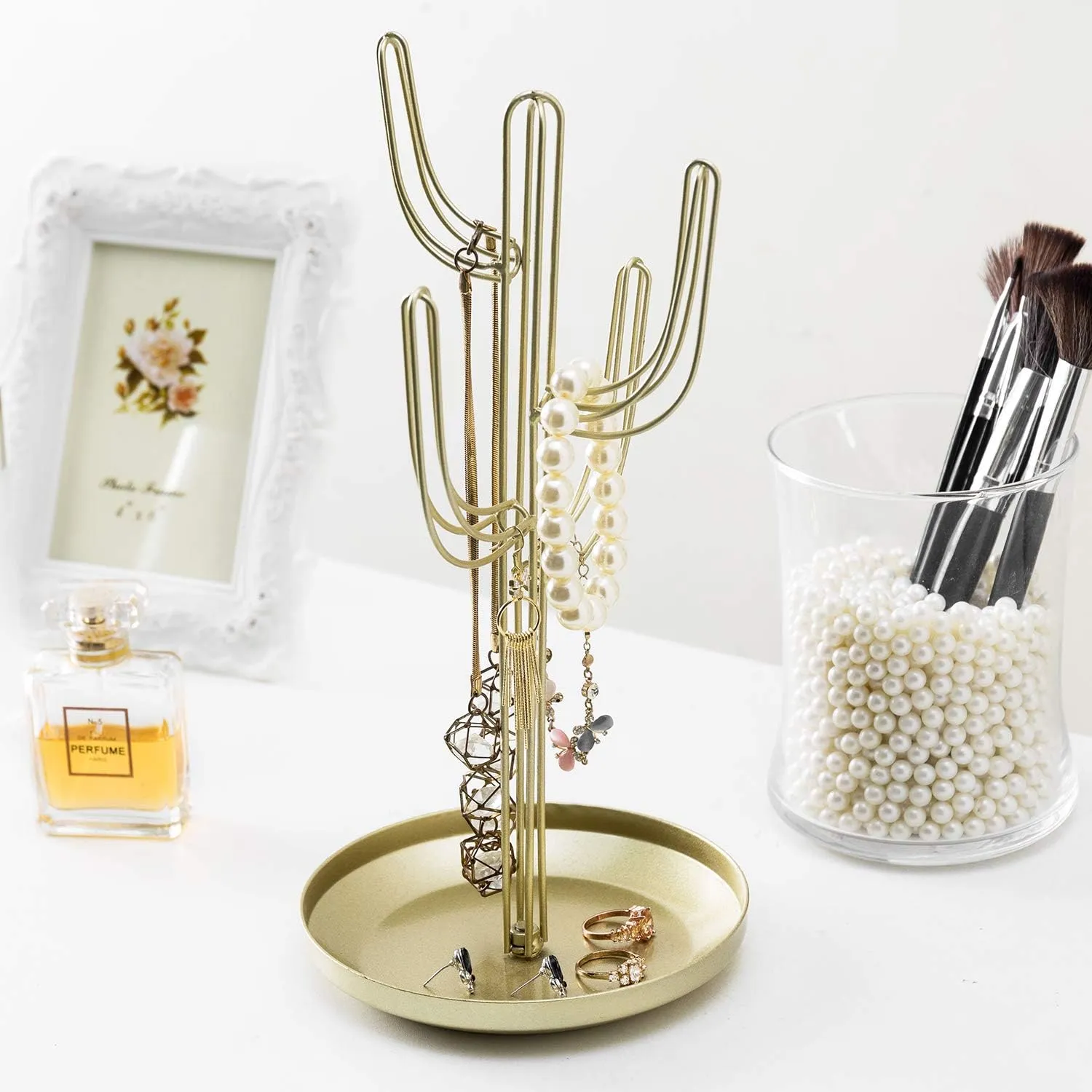 MyGift Freestanding Metal Rotating Jewelry Stand Organizer Display Tree with 24 Hooks for Bracelets, Necklaces, Hoop Earrings (Gold)