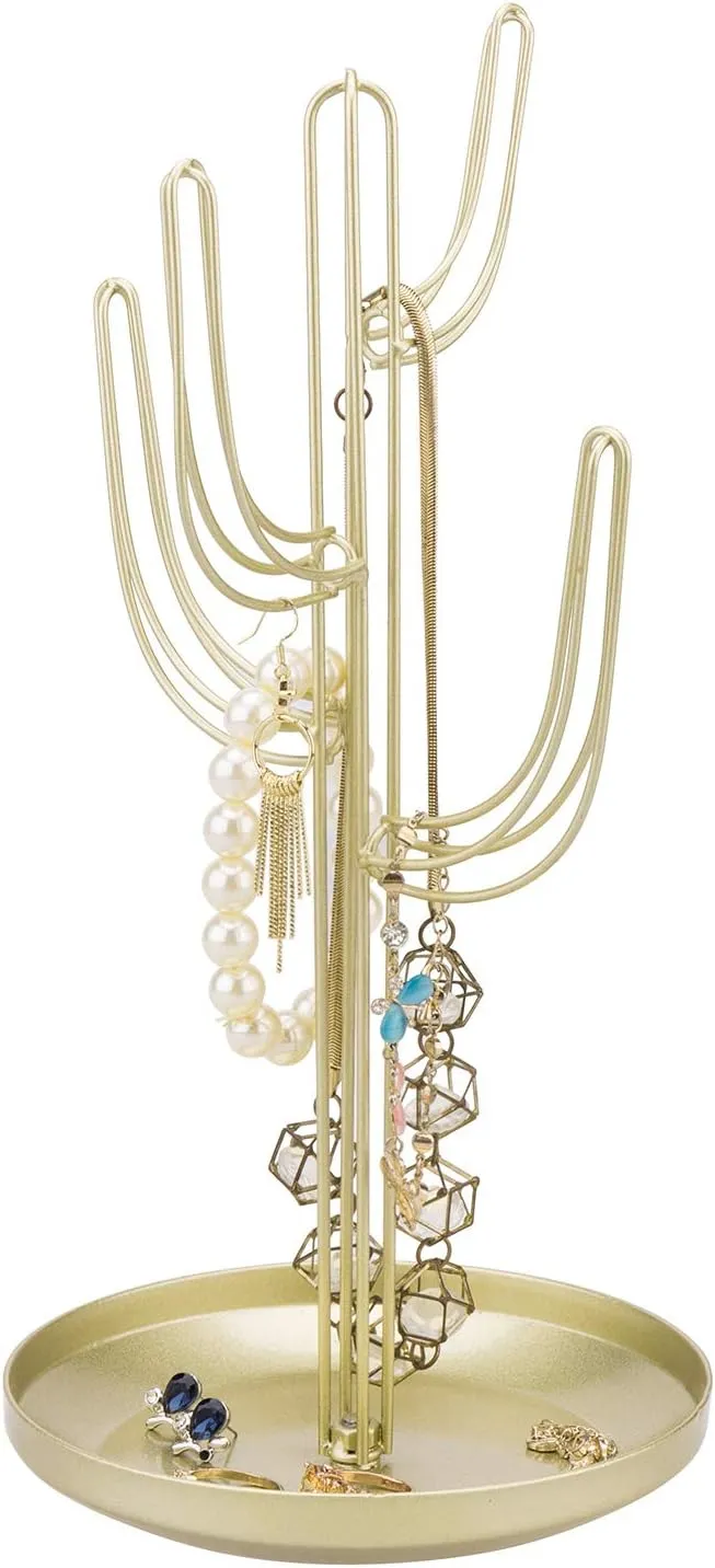 MyGift Freestanding Metal Rotating Jewelry Stand Organizer Display Tree with 24 Hooks for Bracelets, Necklaces, Hoop Earrings (Gold)