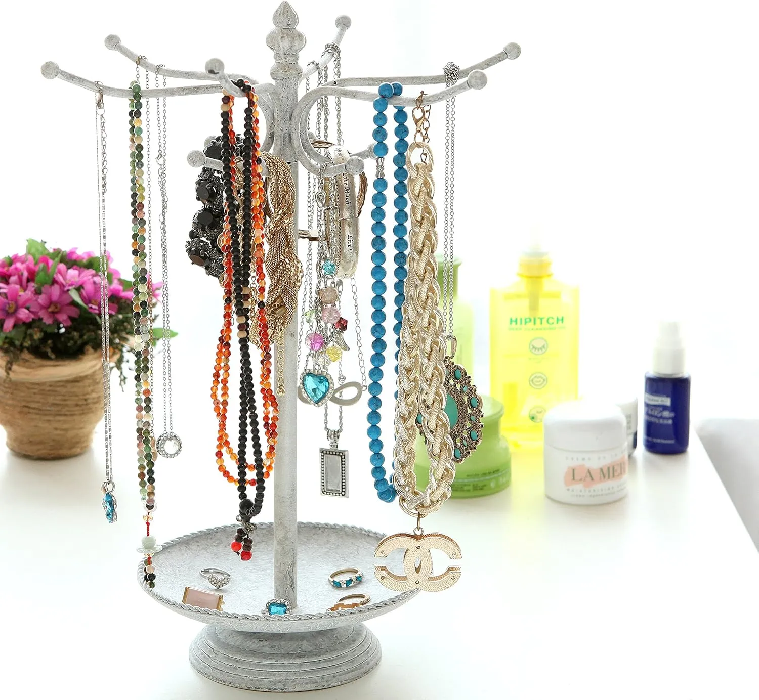 MyGift Freestanding Metal Rotating Jewelry Stand Organizer Display Tree with 24 Hooks for Bracelets, Necklaces, Hoop Earrings (White)