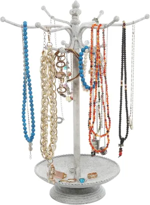 MyGift Freestanding Metal Rotating Jewelry Stand Organizer Display Tree with 24 Hooks for Bracelets, Necklaces, Hoop Earrings (White)