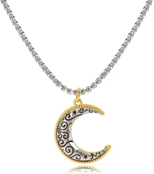 NEKOL Moon Necklace for Women, Gold Beaded Edge Silver Scroll Carved Crescent Pendant Necklace, Vintage-Inspired Jewelry Gift for Women Love Unique and Mysterious Style