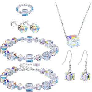 NEWITIN 8 Pieces Crystal Jewelry Set for Women Prom Costume Jewelry Sparkling Aurora Crystal Necklace Ring Bracelets Earrings Set for Women