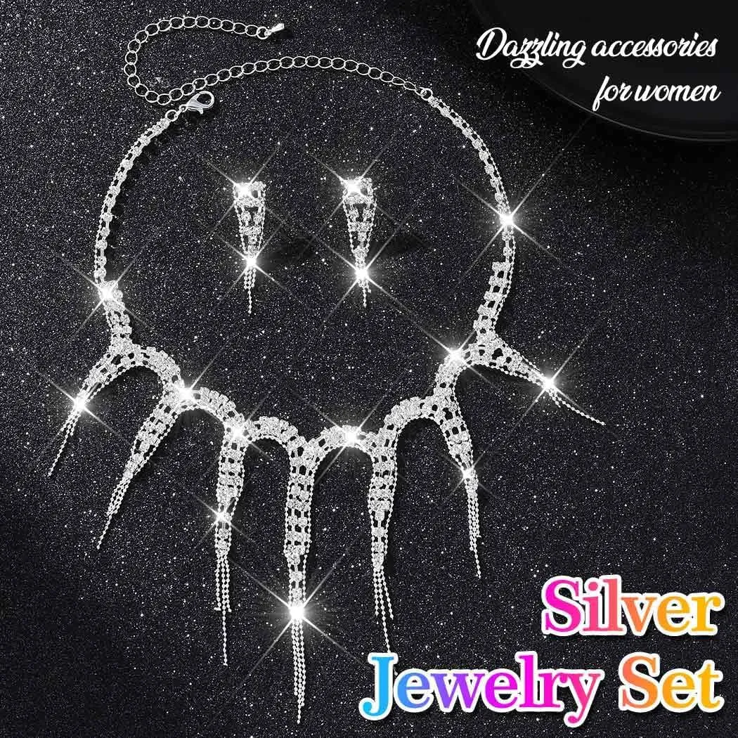 Nicute Rhinestone Necklace Earrings Set Crystal Sparkly Necklaces for Prom Bridal Wedding Jewelry Sets