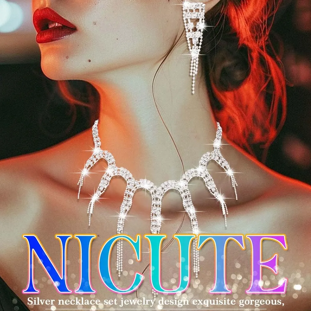 Nicute Rhinestone Necklace Earrings Set Crystal Sparkly Necklaces for Prom Bridal Wedding Jewelry Sets