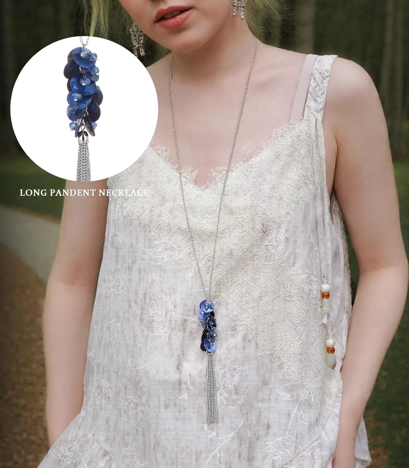 Noessla Boho Long Tassel Pendant Necklace Long Silver Necklace for Women Sweater Chain Statement Costume Jewelry Mothers Day Gifts