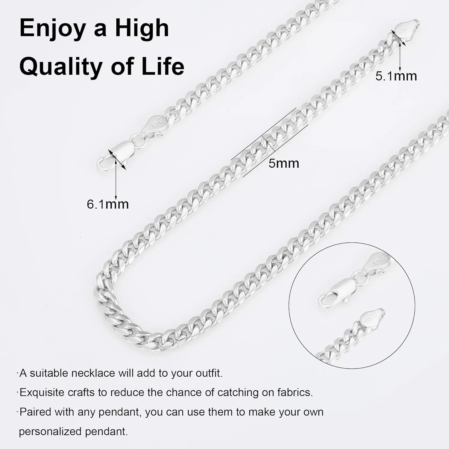 nometo Solid 925 Sterling Silver Cuban Chain Lobster Clasp 3.5mm 4mm 5mm Silver Chain for Men Silver Necklace Chain for Women 16/18/20/22/24/26/30 Inches