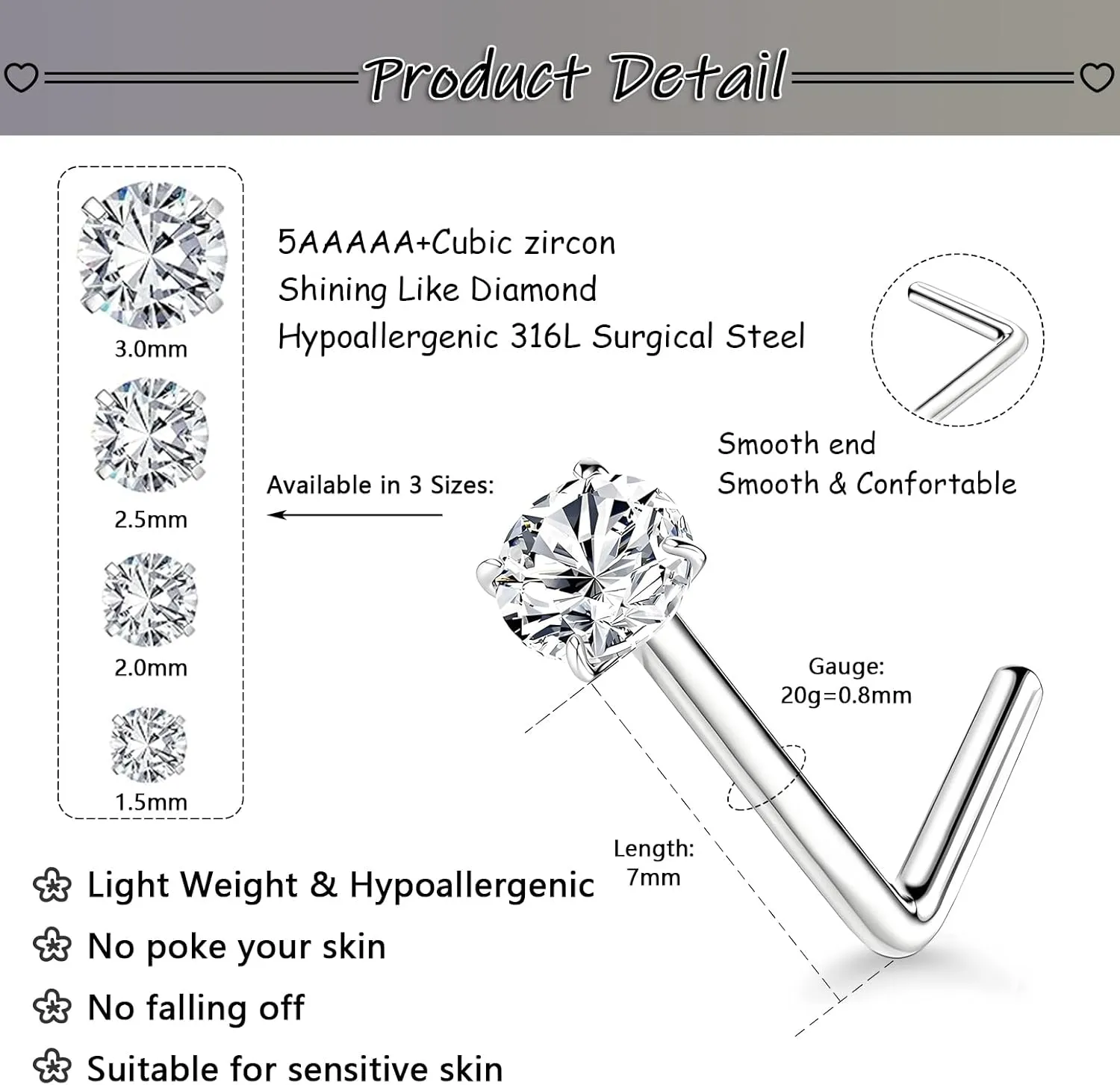 Nose Rings Studs: 8Pcs 20G Gold/Silver 316L Surgical Stainless Steel Nose Studs Hypoallergenic Corkscrew Nose Piercing Stud Jewelry for Women Men Clear Cubic Zirconia Imitation Diamond Top Size 1.5mm 2mm 2.5mm 3mm