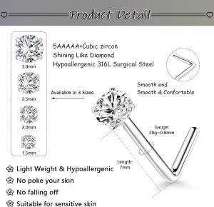 Nose Rings Studs: 8Pcs 20G Gold/Silver 316L Surgical Stainless Steel Nose Studs Hypoallergenic Corkscrew Nose Piercing Stud Jewelry for Women Men Clear Cubic Zirconia Imitation Diamond Top Size 1.5mm 2mm 2.5mm 3mm