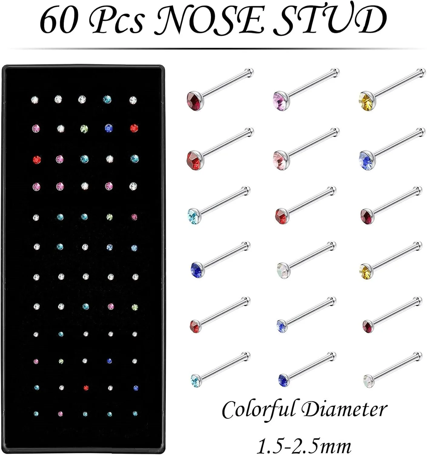 Nose Rings Studs and Hoops, Surgical Stainless Steel Hypoallergenic Nose Rings Set for Women Men, Straight/L/Screw Shaped and 1.5/2.0/2.5mm Rhinestone Nose Piercing Jewelry and Ideal Gift
