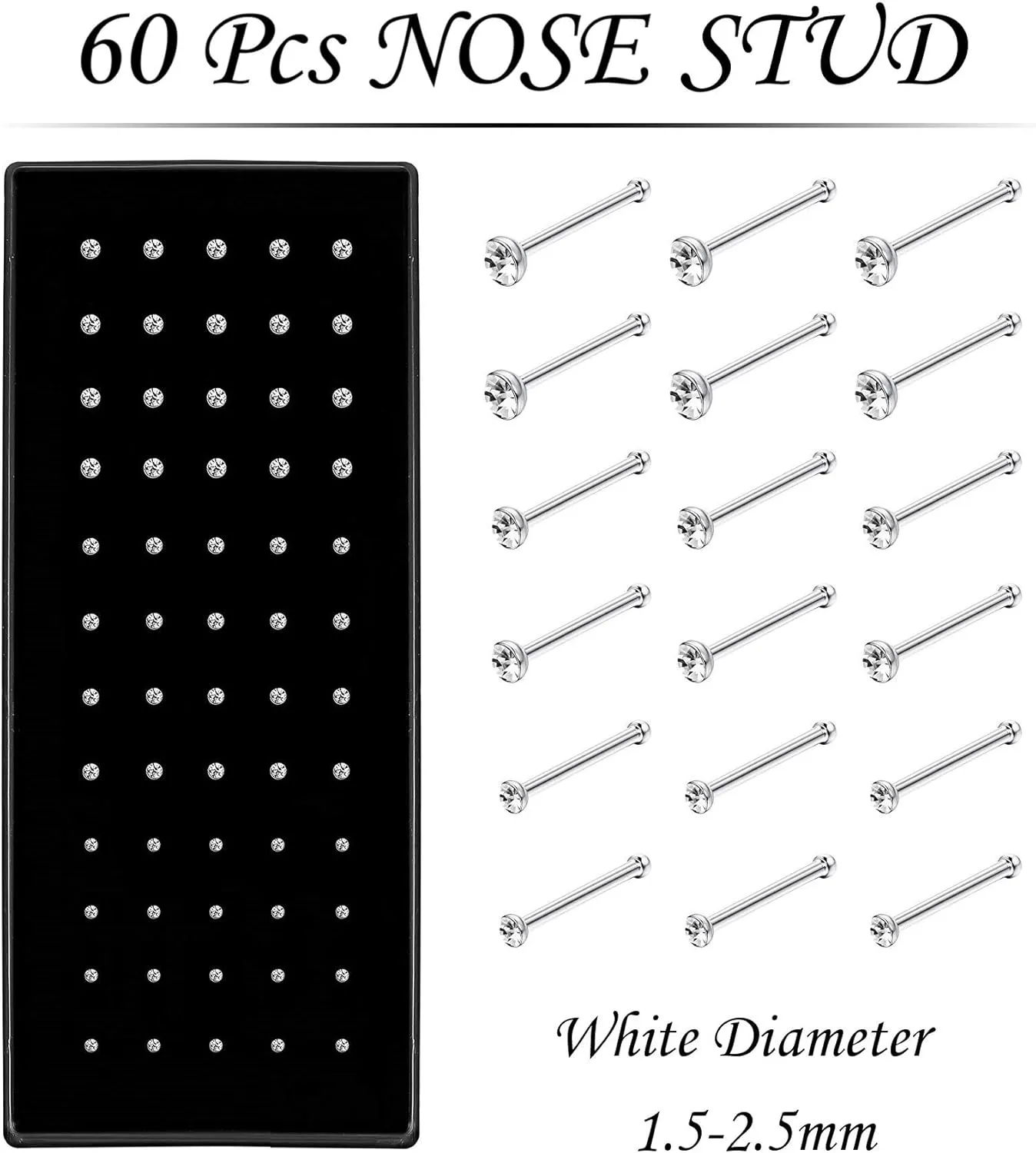 Nose Rings Studs and Hoops, Surgical Stainless Steel Hypoallergenic Nose Rings Set for Women Men, Straight/L/Screw Shaped and 1.5/2.0/2.5mm Rhinestone Nose Piercing Jewelry and Ideal Gift