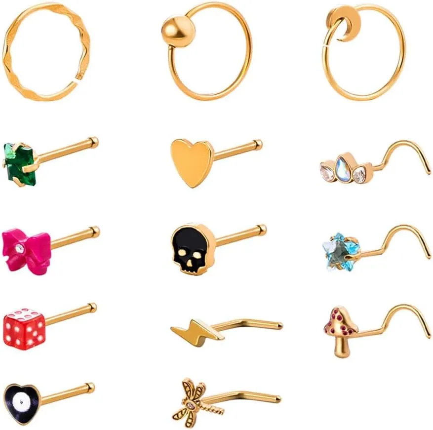 Nose Rings Surgical Stainless Steel 14PCS 20G Nose Piercings Hypoallergenic Body Piercing Jewelry for Women Men
