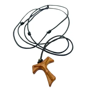 Olive Wood Tau Cross Necklace, Adjustable Cord Religious Men Women Kids, Christian Jewelry Gift Medjugorje Handmade