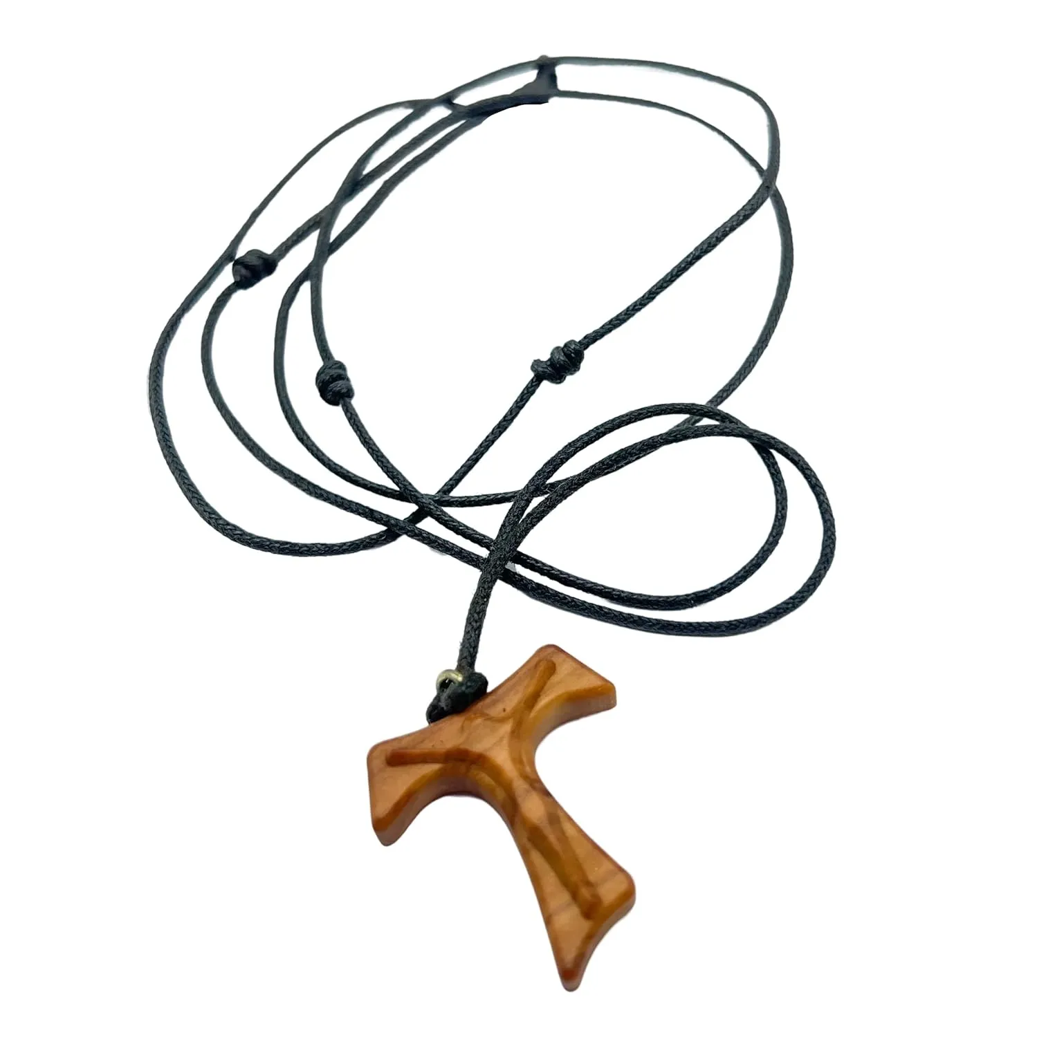 Olive Wood Tau Cross Necklace, Adjustable Cord Religious Men Women Kids, Christian Jewelry Gift Medjugorje Handmade