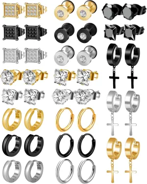 ONESING 21 Pairs Stainless Steel Earrings for Men Inlaid Cross Dangle Hinged Earrings Hoop CZ Stud Hypoallergenic Earrings Huggie Earrings Set for Women Men Ear Piercing Jewelry Black Steel Gold