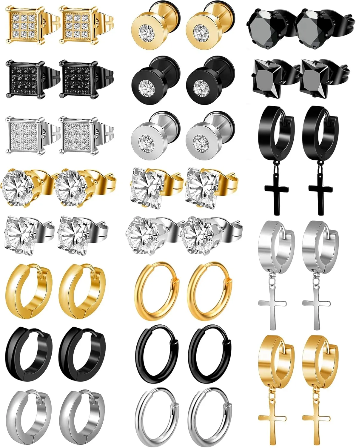 ONESING 21 Pairs Stainless Steel Earrings for Men Inlaid Cross Dangle Hinged Earrings Hoop CZ Stud Hypoallergenic Earrings Huggie Earrings Set for Women Men Ear Piercing Jewelry Black Steel Gold